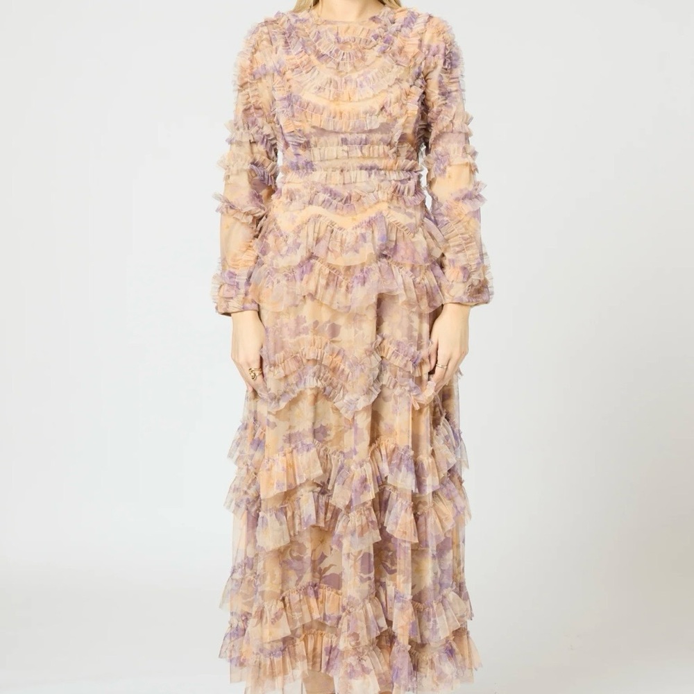 NWT Chic Ruffled Long Sleeve Dress in Purple and Cream